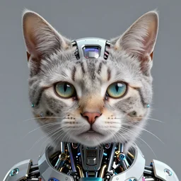 portrait of a cute cat as a cyborg. intricate abstract. intricate artwork. by Tooth Wu, wlop, beeple, dan mumford. octane render, trending on artstation, greg rutkowski very coherent symmetrical artwork. cinematic, hyper realism, high detail, octane render, 8k, iridescent accents