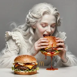Kevin Spacey eating a mcdonald's big mac hamburger, dripping BBQ Sauce, serving burgers, intricate, elegant, feminine ethereal, hearthstone, D&D, magical mystical, highly detailed, digital painting, artstation, concept art, matte, sharp focus, hyperreal, art by Artgerm and Greg Rutkowski and Alphonse Mucha