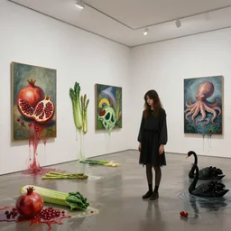 painting of a flooded modern art gallery and a tall emo girl, art gallery interior, paintings melting into the gallery, pomegranates, courgette and asparagus, octopus, zen, black swans, berries, 2 0 mm lens, surrealist, by magritte and monet