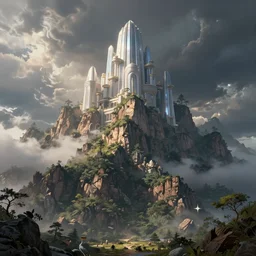 mountain of stratified time, the prehistoric past at the bottom and the gleaming harmonious future at the peak | whimsical and fantastic, magic and mysterious, fantasy environment by fantasy by ross tran greg rutkowski