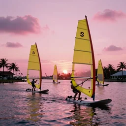 a scene from 1 9 8 0 s, pink sunset off the quays of florida, yellow sails of windsurfers, beautiful nostaliga, miami vice