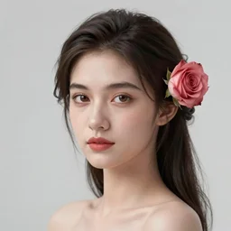 portrait of beautyful woman, liberty style, a rose is in her hair, High definition, three-dimensional image, volumetric light, detailed details,