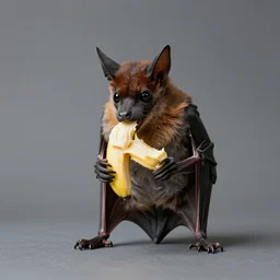 a long shot, color studio photographic portrait of a bat eating bananas, dramatic backlighting, 1 9 9 3 photo from life magazine,