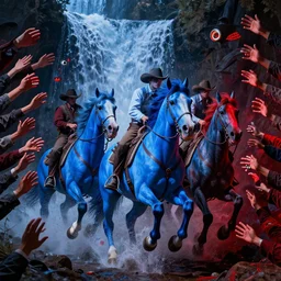 blue inside out horses galloping with cowboys riding, too many hands in all directions, too many teeth, too many eyes, in hoc signo vinces, waterfall, in the style of gottfried helnwein, high contrast chiaroscuro, intricate composition, blue light, insanely quality, highly detailed, masterpiece, red light, artstation