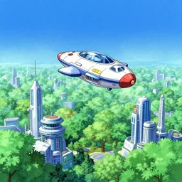 spaceship landing in a futuristic city with lush green trees and blue sky, ilya kuvshinov, digital, concept art, kyoto animation, kawaii, yoshitaka amano, studio lighting, manga, vibrant high contrast, gradation, rule of thirds, fibonacci, cel shaded, flat, matte print