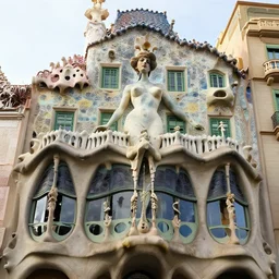 “a voluptuous and surrealist woman by Gaudí is a incredibile building like an sculpture, hyperdetailed photorealism”