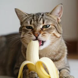 photo of a cat licking a banana