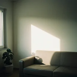film photography of the light shining in living room interior, soft light, no focus