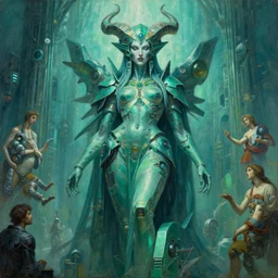 A beautiful cinematic portrait of the colossal gothic cyberpunk blockchain demon goddess, by Wayne Barlowe, by Sandro Botticelli, by Paul Lehr, by Bruce Pennington, oil on canvas, masterpiece, trending on artstation, featured on pixiv, cinematic composition, beautiful lighting, sharp, details, details, hyper-detailed, no frames, cyan and green, 8K