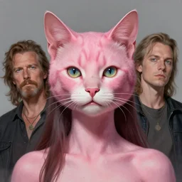 a portrait of a pink cat hybrid human woman, art by boris vallejo and greg danton and denys tsiperko, detailed, hyperrealism, artstation