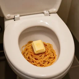 food photography of spaghetti with a urinal cake in a toilet bowl, bon apatite, creepy photo