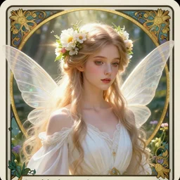 2 8 mm headshot of a ethereal magical young winged fairy princess wearing a white robe and flowers in her hair in a fantasy garden, d & d, fantasy, intricate, rim light, god rays, volumetric lighting, elegant, highly detailed, digital painting, artstation, concept art, smooth, sharp focus, illustration, art by greg rutkowski, maxfield parrish and alphonse mucha, new art nouveau, soft ambient lighting, tarot card