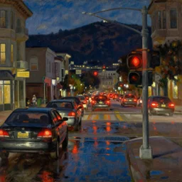 john singer sargent painting of cars waiting for traffic light in san francisco at night, taillights, puddles, reflections, hills, by ilya repin, craig mullins