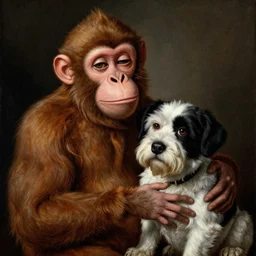 goofy monkey and his goofy dog, cross eyed, high detail realistic renaissance portrait painting