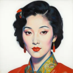 hyperrealism close - up portrait of a beautiful woman, white background, in traditional chinese art style, pop art, by roy liechtestein, by andy warhol, canvas, acrylic paint