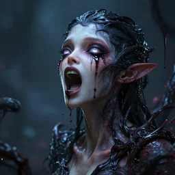 a beautiful feminine alien with thick black sludge seeping from her eyes, screaming while being consumed by darkness, iridescent eyes, dreamlike, intricate detail, 3d render, octane render, trending on artstation, 4k, hd
