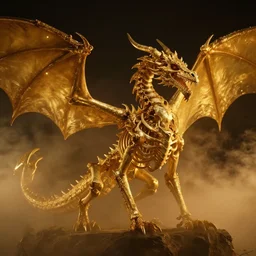 skeleton of a mysterious fantasy dragon at night, 4 k, photorealistic, golden light, volumetric, foggy