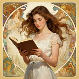 a girl reading book, hair flowing down | symmetric!, anatomically correct | hyperrealistic | action pose | digital painting | trending on artstation | pinup portrait | clean | illustration | dressed | Unreal Engine 5 | 8k resolution | by Greg Rutkowski Alphonse Mucha Gustav Klimt and Mel Ramos