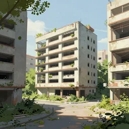 brutalist architecture by Le Corbusier, abandoned buildings, empty streetscapes, surrounded by lush green vegetation, ground-level view, volumetric lighting, digital painting, highly detailed, artstation, sharp focus, illustration, concept art, ruan jia, steve mccurry, amazing composition