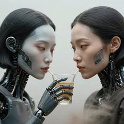 cinestill 5 0 d candid photographic portrait by helen levitt of a two android women sharing a drink in futuristic china, extreme closeup, modern cyberpunk, minimalism, dust storm, 8 k, hd, high resolution, 3 5 mm, f / 3 2, ultra realistic faces, intricate detail, ex machina