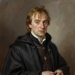 A portrait of Alan Rickman depicted as Albus Dumbledor, oil painting