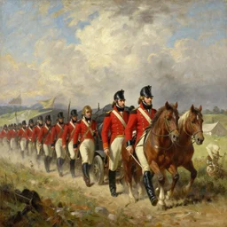 gentleman john burgoyne's redcoat regular party train, 1 8 th century american revolutionary detailed war scene oil on canvas shimmer artstation