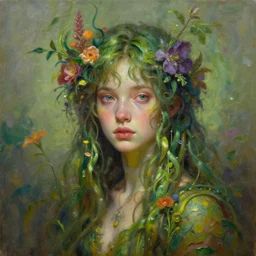 painting epic professional digital image of a hybrid girl of plants and flowers portrait of a character in oil on canvas by gerald brom and greg rutkowski, masterpiece, fantasy art artstation headquarters