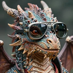a stunning ultra detailed fantasy fine art closeup portrait photo of a dragon wearing aviators, looking awesome, by tom bagshaw, artgerm and natalie shau, henna tattoos on the face, paisley designs, 8 5 mm lens, deep depth of field, soft lighting