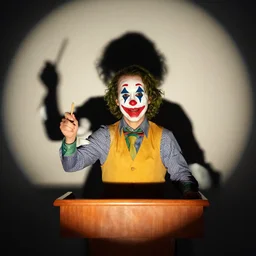 president with clown makeup in a podium as the marionette of a human shadow