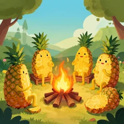 anthropomorphic prunes sit around a campfire having a discussion on the taste of pineapples, digital art