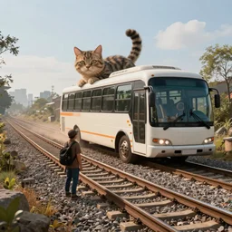 bizarre scene of a time-traveling cat bus stopping to pick up a hitchhiker along the trans-dimensional railway. ultra-wide shot, detailed, trending on artstation, light effect, 8k, unreal engine 5, epic, masterpiece, highly detailed