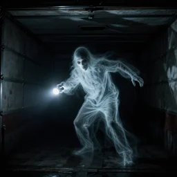 horror demon evil transparent spirit attacks in truck garage interior photo shot on iphone, dynamic pose, close body shot, sharp focus, grainy, corpse, paranormal, long exposure, flashlight, night, total darkness, poltergeist, aberrations,