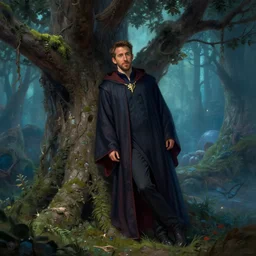 ryan reynolds wearing wizard robes leans against a magical tree romance novel fantasy artwork epic detailed and intricate digital painting trending on artstation by wlop octane photo