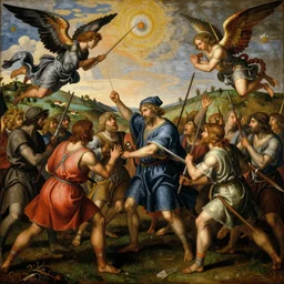a medieval battle scene in tuscany with angels and devils by Caravaggio, renaissance style,