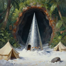 a chrome bipdel conical drill visits a slightly rusted cave mouth in the jungle, retrofuturistic, matte oil painting, merchant tents, salt dunes, science fantasy, salt, rpg, epic, extremely detailed, sharp focus, 4 k