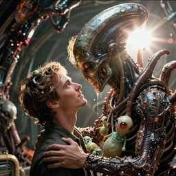 brett kavanaugh scene in the movie promethius where alien lobotomizes humans as he watches. romantic brett caries alien placentas. alien goo in brett's hair. film grain. charred alien medical room. lens flare. color footage. closeup brett face aliens