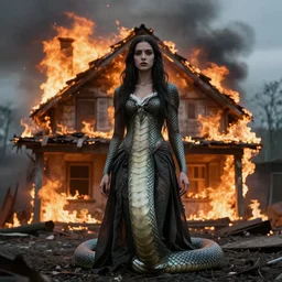 photo of disaster girl the great serpent lady standing in front of burning house looking at camera by croxot