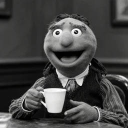 kermit in coffee and cigarretes movie by jim jarmusch. black and white. grain.
