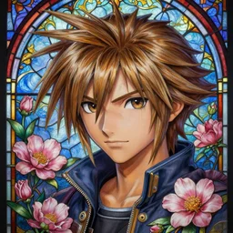 beautiful lifelike studio close - up painting of anime male sora!!! from kingdom hearts. beautiful stained glass and intricate patterns. stunning composition, dreamy, bloom!!! perfectly shaded detailed face, very very intricate, trending on artstation, greg rutkowski, hyper detailed, 4 k, high quality, smooth, sharp focus