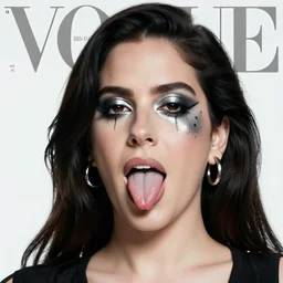 photo of lana del rey wearing black metal face paint and sticking her tongue out, vogue magazine, highly realistic