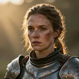 head and shoulders portrait of a female knight, dirty armor, lightly dirty face, light spatter of blood, detailed face, photography by jimmy nelson, golden hour, god rays, hq