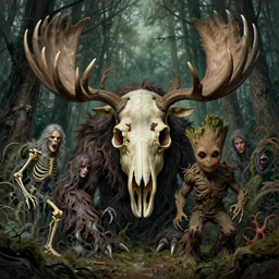 hyperdetailed art nouveau portrait of treebeard and old groot as a cthulhu eyeball moose skull wendigo swamp thing cryptids, by michael kaluta, simon bisley and bill sienkiewicz, grim yet sparkling atmosphere, photorealism, claws, skeleton, antlers, fangs, forest, wild, bizarre, scary, lynn varley, lovern kindzierski, steve oliff