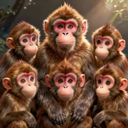 happy macaque among cute anime girls