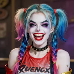 crazy evil laugh of harley quinn with face looks like audrey hepburn, hair blue, two blue braids, portrait shinkai makoto studio ghibli studio key hideaki anno sakimichan stanley artgerm lau rossdraws james jean marc simonetti elegant highly detailed digital painting artstation pixiv