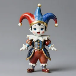 “portrait of Hisoka Morow porcelain doll like jester as a medieval jester, studio lighting hyperreal photograph royal painting happy whimsical good vibes”