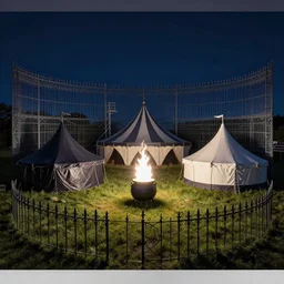 a magical circus in a field at night with large black, white tents and a cauldron with a white flame, surrounded by a gothic iron fence artwork by gerald brom, 4 k, masterpiece