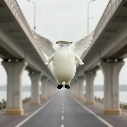 milkman with wings flying under an endless bridge