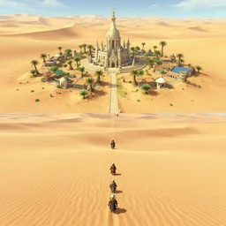 a small inhabited religious warrior village with pale colored spiritual sacred alien architecture in the lush oasis of a vast flat empty sand desert with dunes, 3 rd person action adventure rpg, screenshot, gameplay, walkthrough, square enix, jrpg, cutscene, concept art, artstation, highly detailed, octane render, 8 k, unreal engine