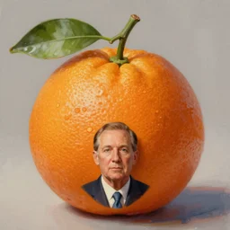 presidential painting of an orange fruit, DIRECTLY below the orange fruit is the headless body of a president, attached to the fruit
