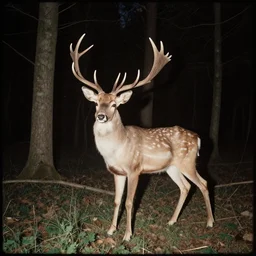 camera footage of a deformed deer in forest, old photo, night n - 9